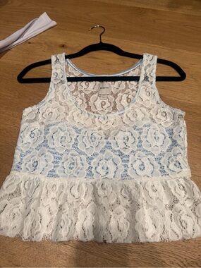 Maeve White Lace Peplum Tank with Light Blue Lining
